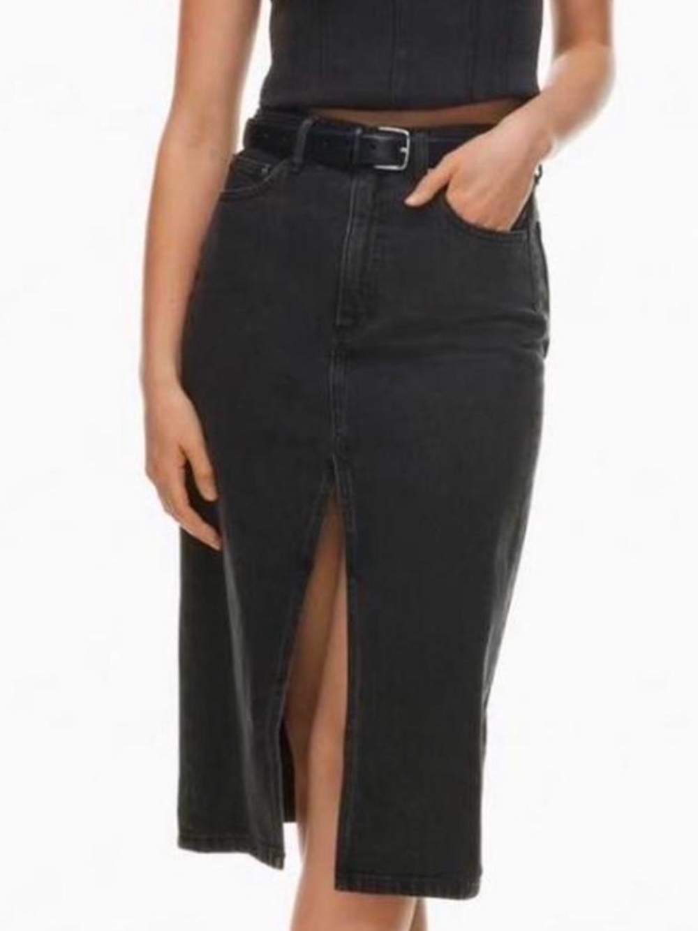 Aritzia Black High-Rise Midi Denim Skirt with Center Slit